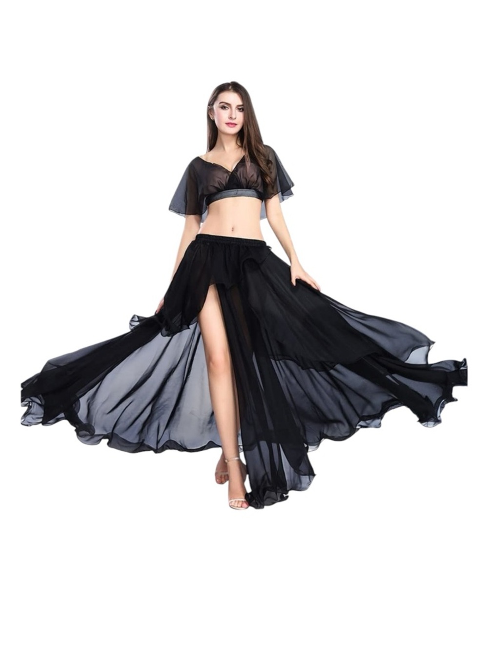 Belly Dancing Costume Set — Top and Flowing Black Maxi Skirt with High Slit